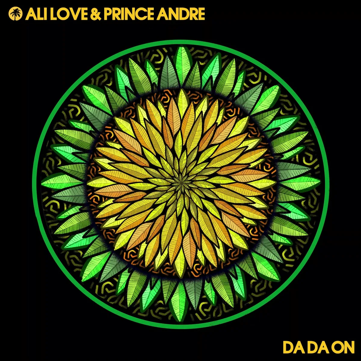 Capa oficial de Da Da On (Hot Creations, HOTC204): mandala de folhas verdes e amarelas sobre fundo preto